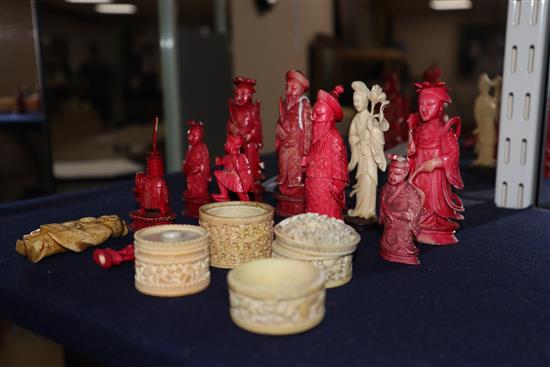 A group of Chinese ivory chess pieces and Canton ivory containers, 19th century